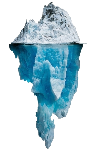 An iceberg: a small peak above the waterline and a far larger mass below it